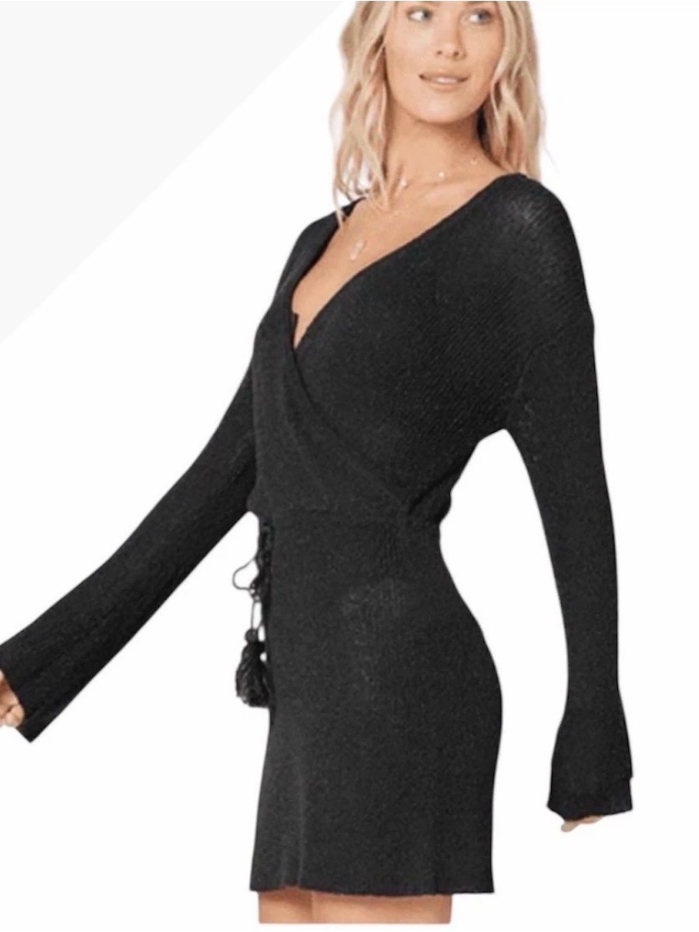 l*space Black Wrap Knit Long Sleeve Dress/Cover Up- Small
